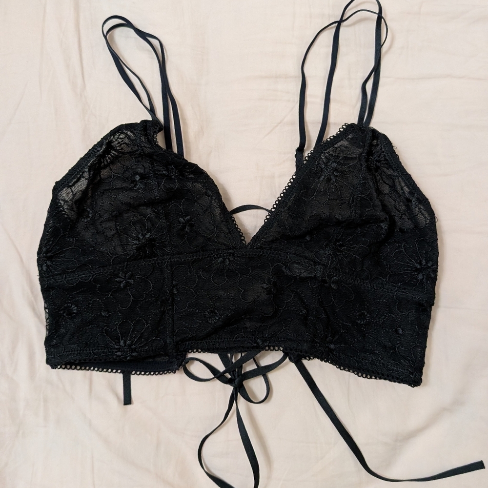 Aerie Embroidery Longline Bralette Black Size Small
